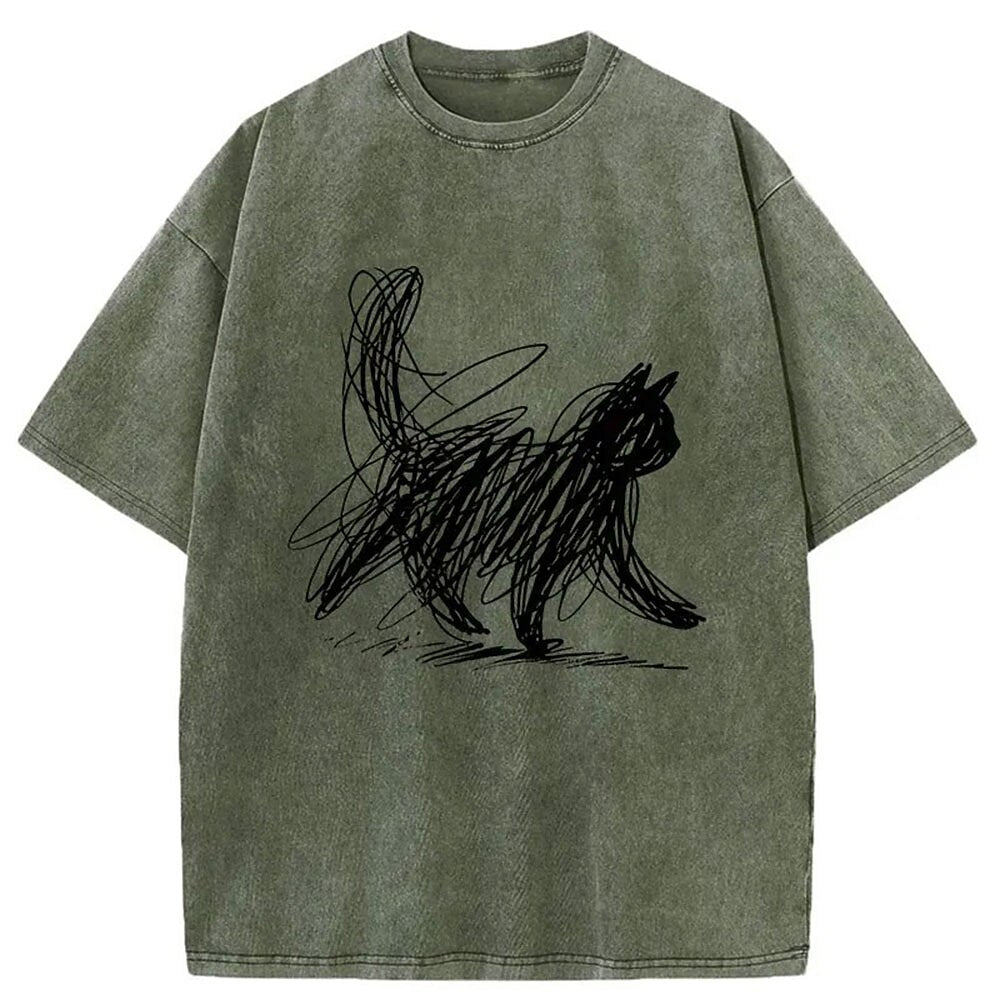 Men's Scribble Cat Graphic Washed Cotton T-Shirt