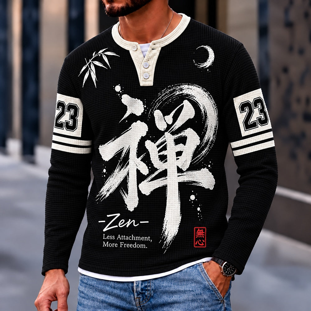 Zen Freedom Calligraphy Henley Long Sleeve T-Shirt