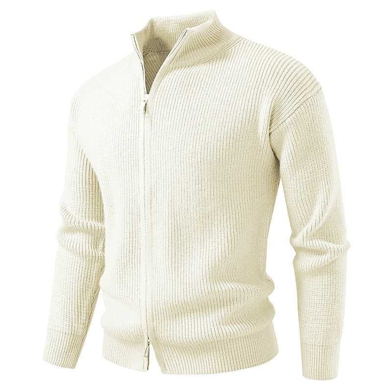 Vertical Rib Stand-Collar Zip Cardigan