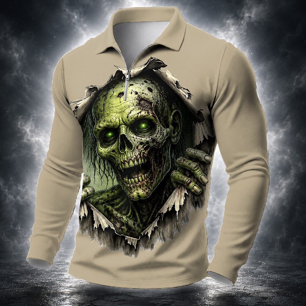 Halloween Men's Green Skull Horror Graphic Quarter-Zip Polo