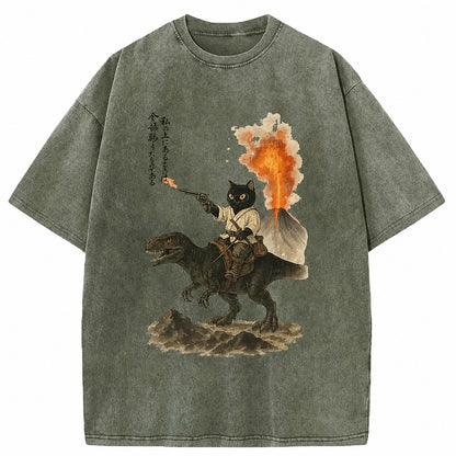 Japanese Style Cat Riding Dinosaur Washed T-Shirt