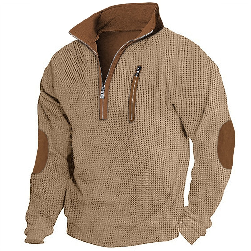 Contrast Elbow Waffle Quarter-Zip Top