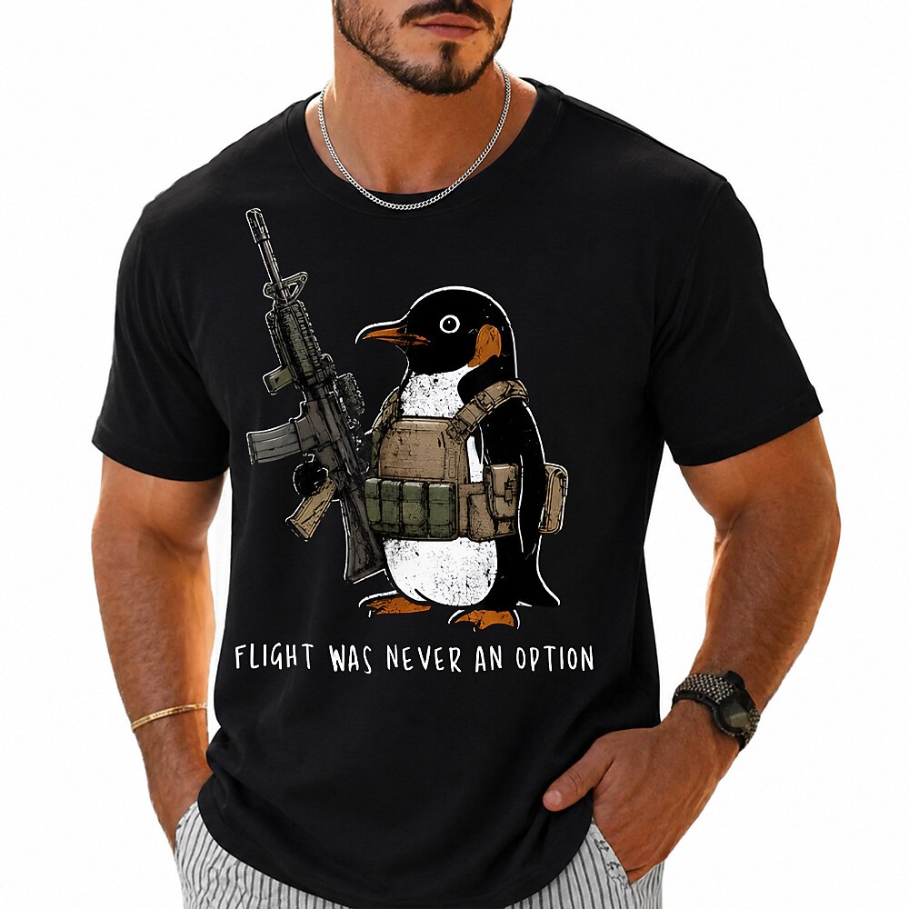 Men's Tactical Penguin Rifle Print Short Sleeve Funny T-Shirt