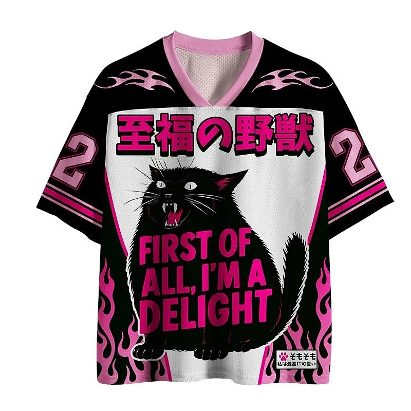 Men's Black & White Cat Number Graphic V-Neck Sports Jersey