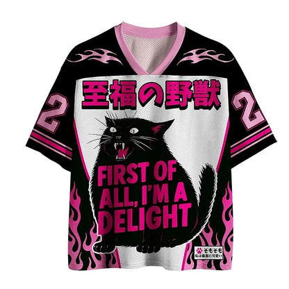 Men's Black & White Cat Number Graphic V-Neck Sports Jersey