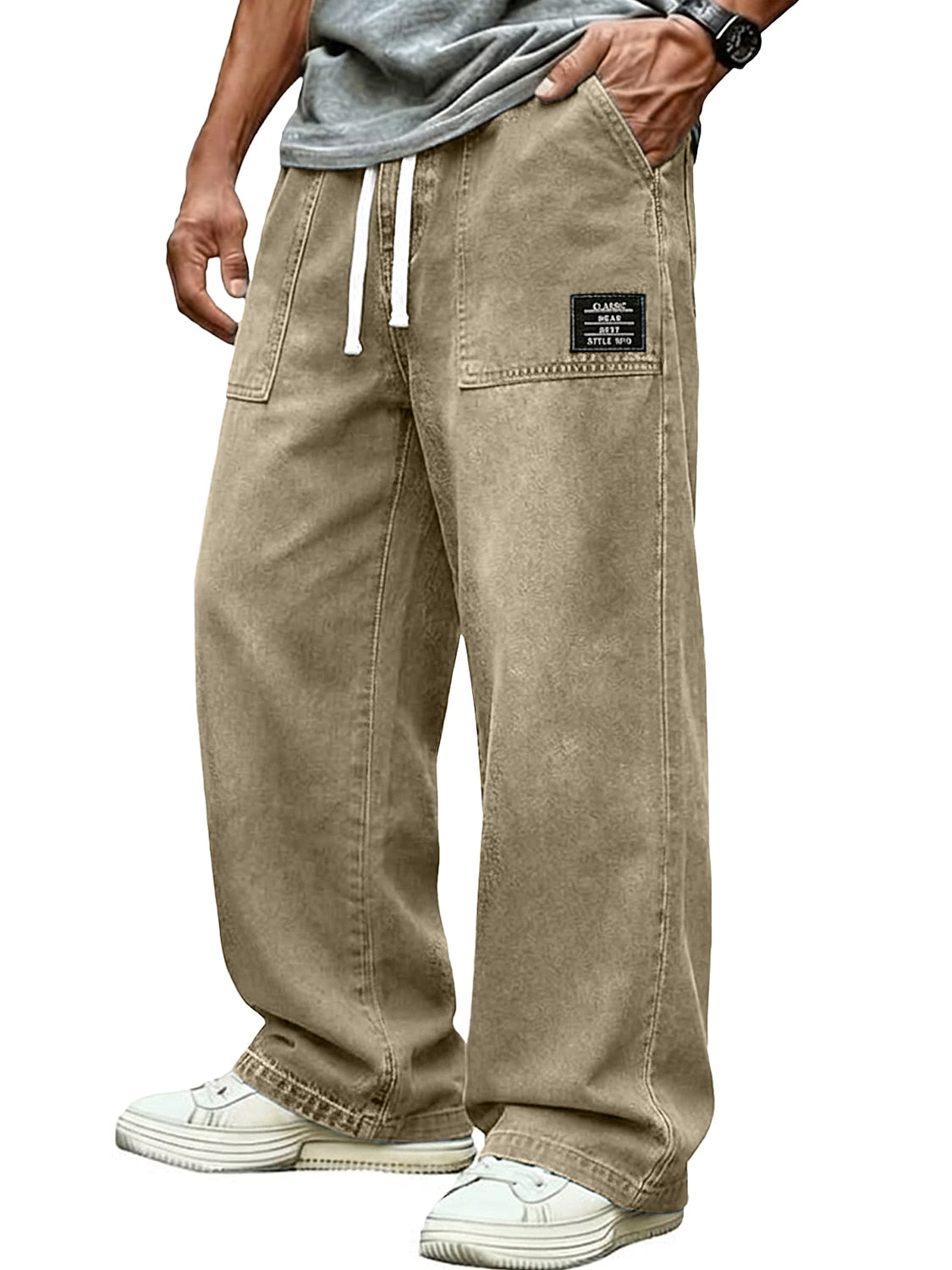 Washed Denim Drawstring Wide Leg Pants