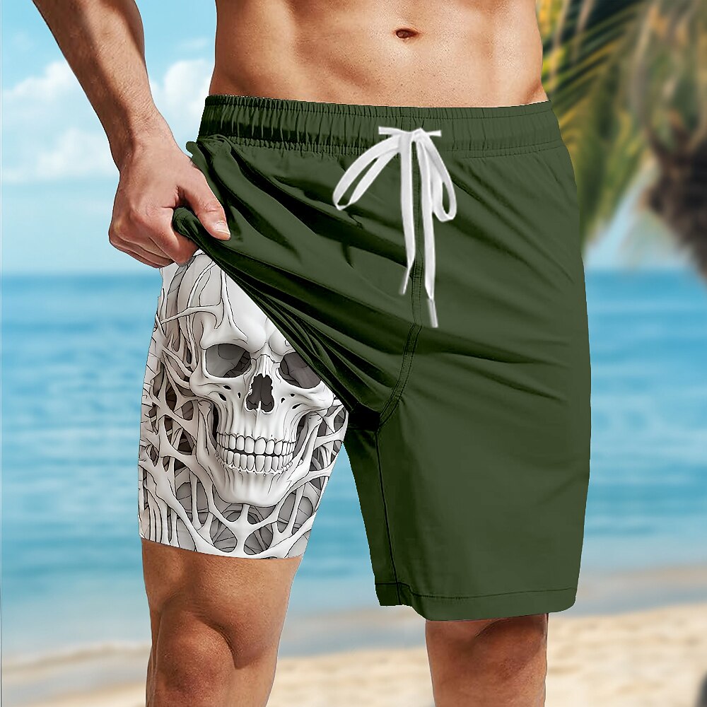 Men's White Skull Print Mid-Length Casual Lined Board Shorts
