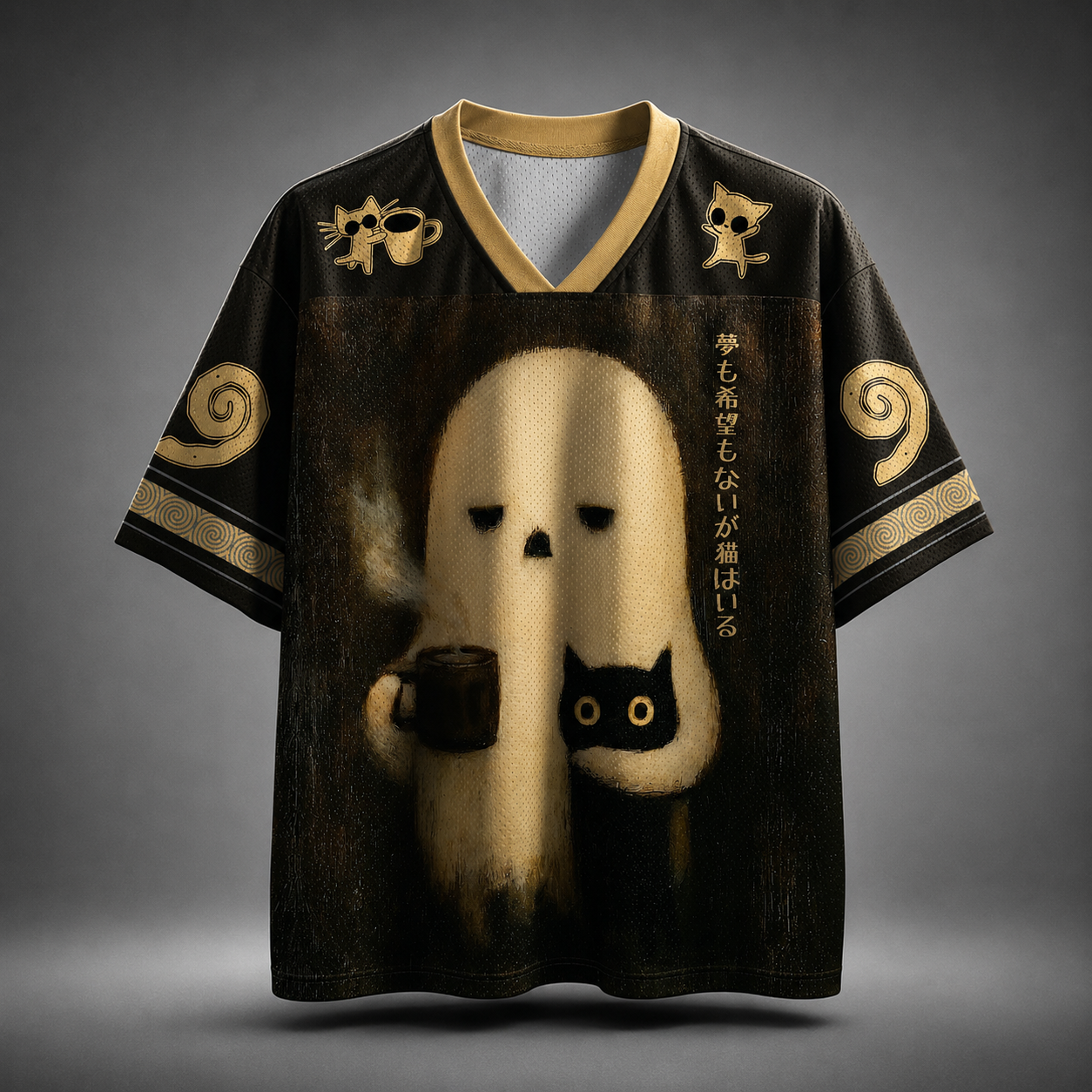 Men's Ghost Cat Coffee Print Short Sleeve Halloween Jersey T-Shirt