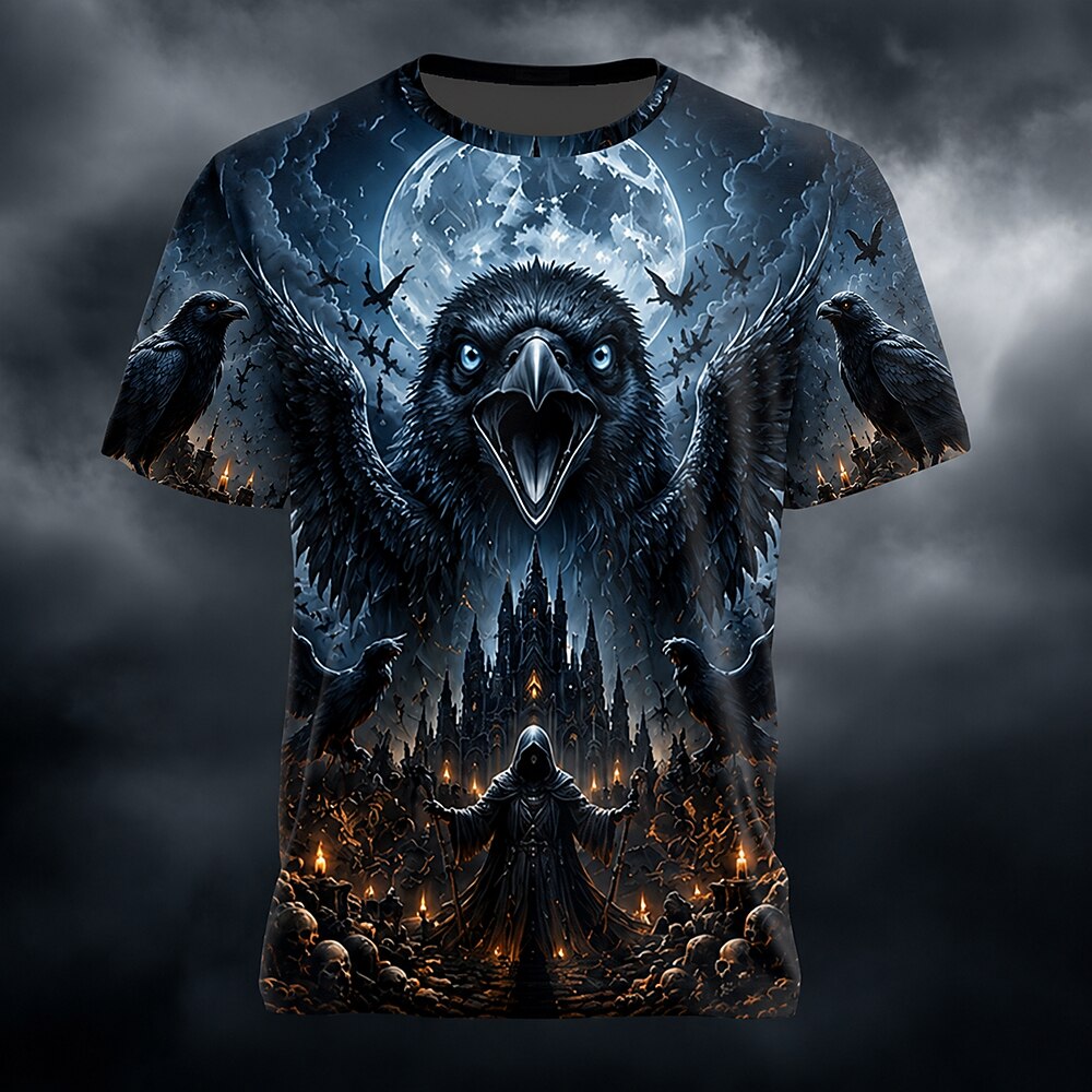 Men's Raven Castle Wizard Print Short Sleeve Gothic T-Shirt