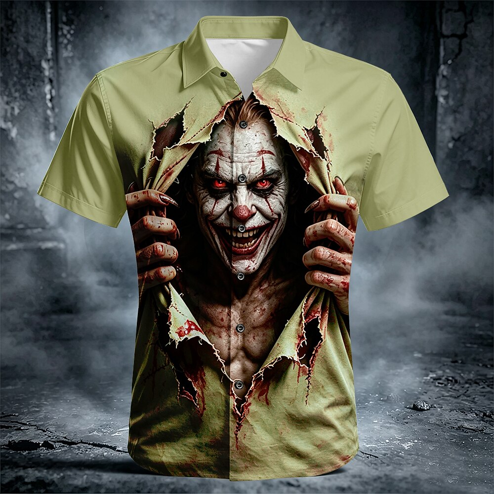 Men's Creepy Clown Breakout Print Short Sleeve Horror Button-Down Shirt