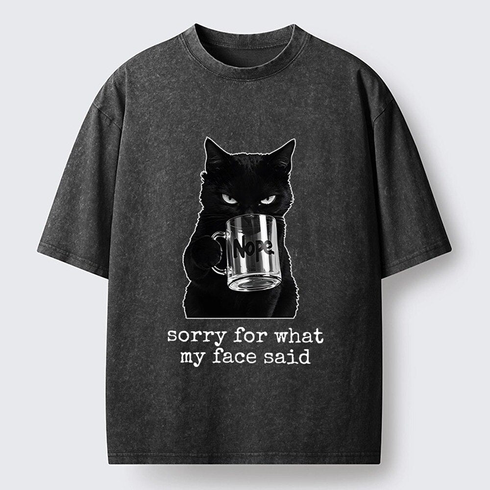 Japanese Style Grumpy Cat Coffee Washed T-Shirt