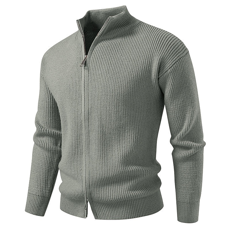Vertical Rib Stand-Collar Zip Cardigan