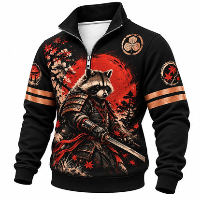 Red Sun Raccoon Samurai Half-Zip Sweatshirt