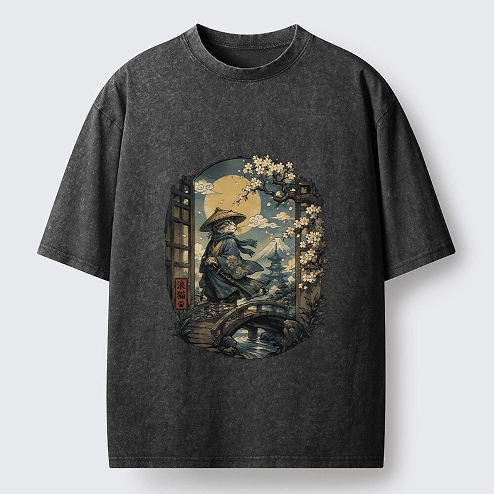 Japanese Style Ronin Cat Washed T-Shirt