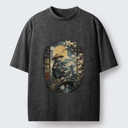 Japanese Style Ronin Cat Washed T-Shirt