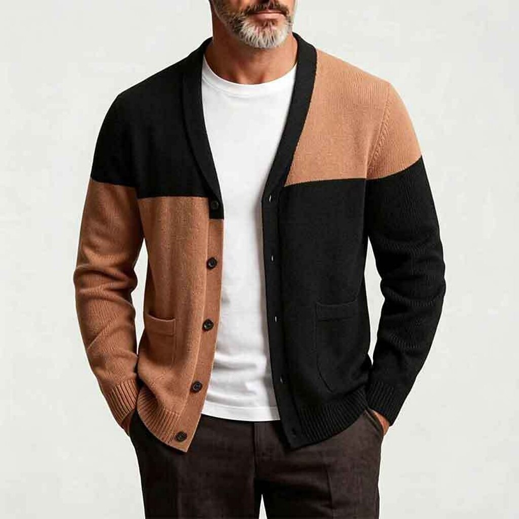 Offset Color-Block V-Neck Cardigan