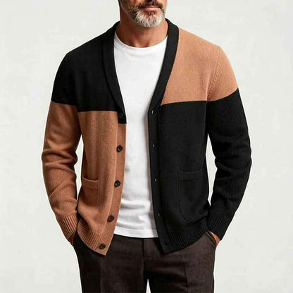 Offset Color-Block V-Neck Cardigan