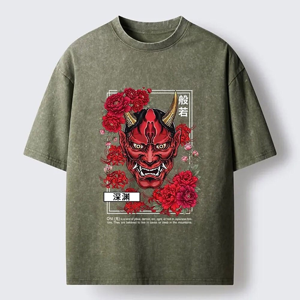 Men's Hannya Demon Mask & Red Peony Washed Cotton T-Shirt
