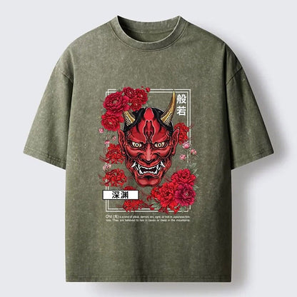 Men's Hannya Demon Mask & Red Peony Washed Cotton T-Shirt
