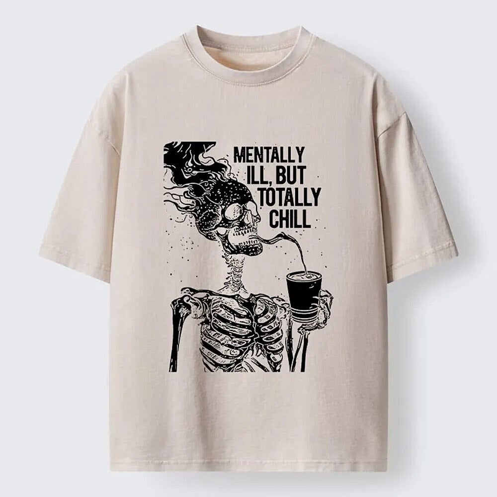 Men's Flaming Skull Skeleton Graphic Washed Cotton T-Shirt