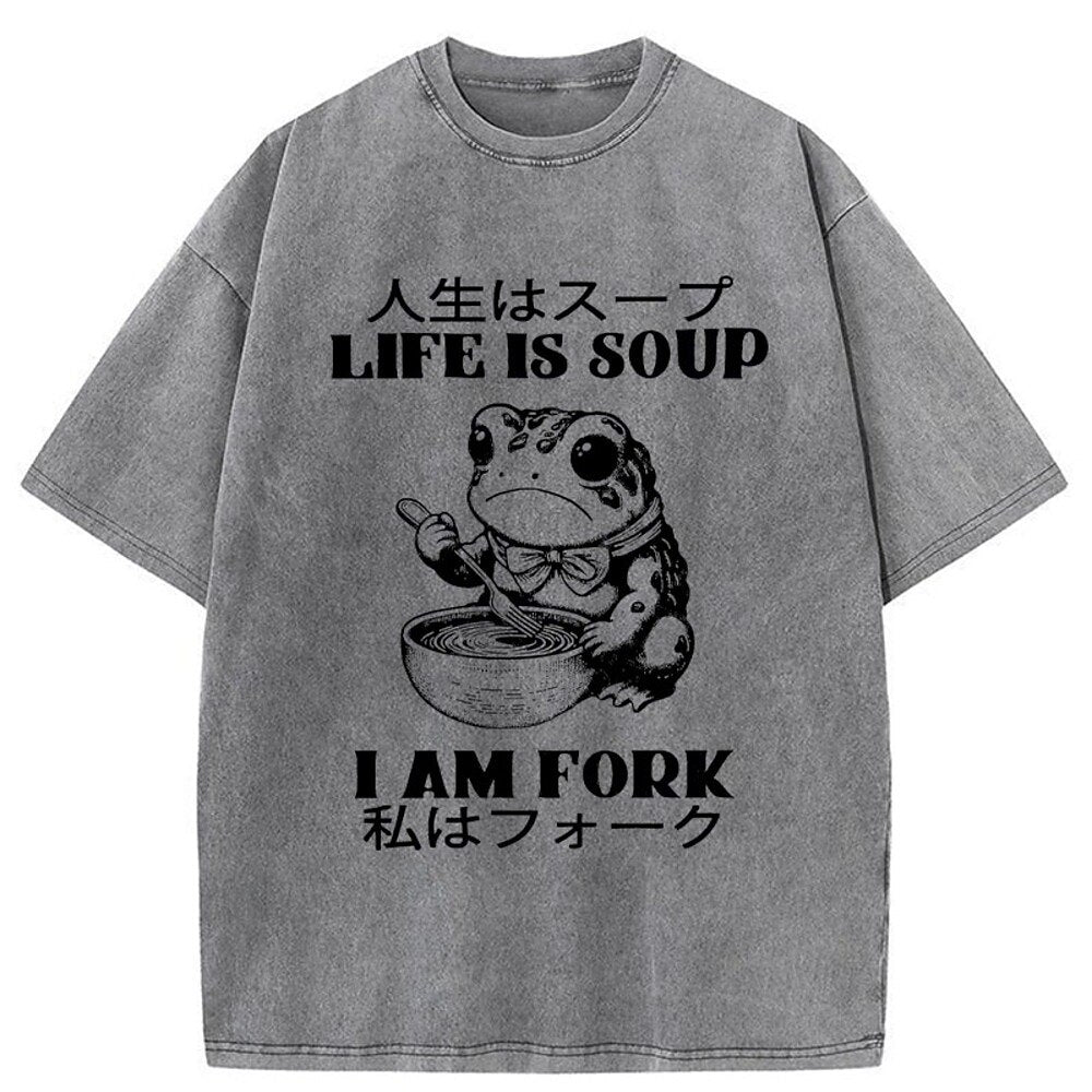 Japanese Style Life Is Soup Frog Washed T-Shirt