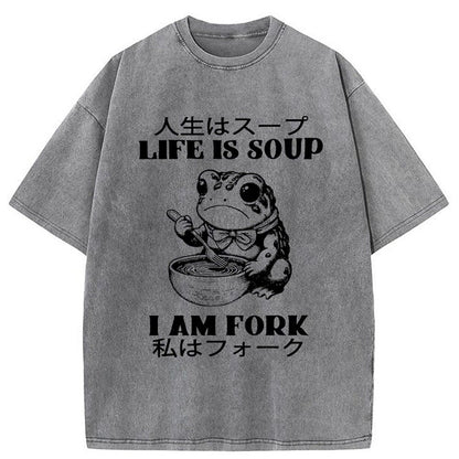 Japanese Style Life Is Soup Frog Washed T-Shirt