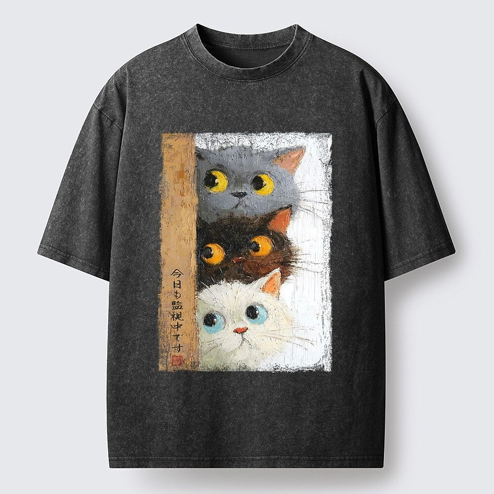Japanese Style Stacked Cats Washed T-Shirt