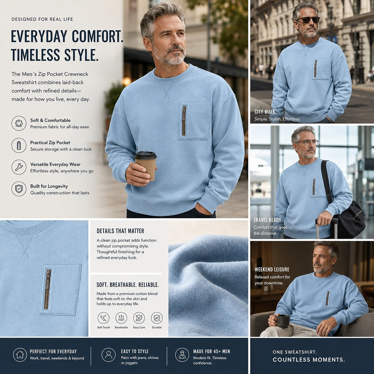 Zip Chest Pocket Crew Neck Sweatshirt