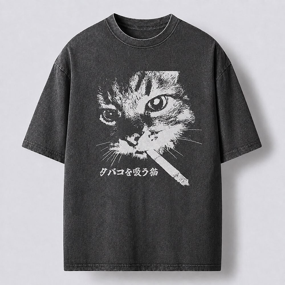 Men's Smoking Cat Graphic Washed Cotton T-Shirt