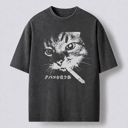 Men's Smoking Cat Graphic Washed Cotton T-Shirt