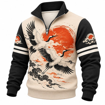 Red Sun Flying Cranes Half-Zip Sweatshirt
