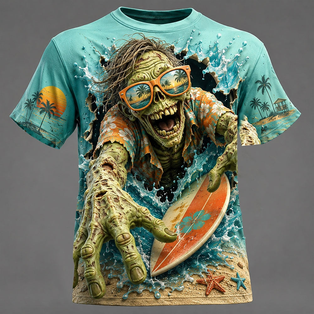 Men's Zombie Surfer Print Short Sleeve Funny Gothic T-Shirt