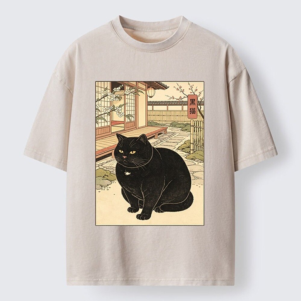 Japanese Style Black Cat Washed T-Shirt