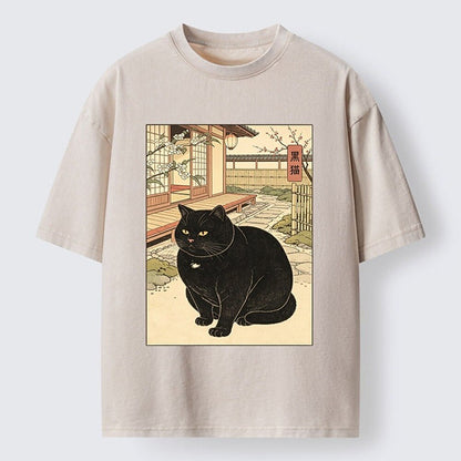 Japanese Style Black Cat Washed T-Shirt