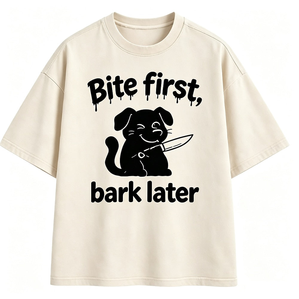 Bite First Bark Later Knife Dog Washed T-Shirt