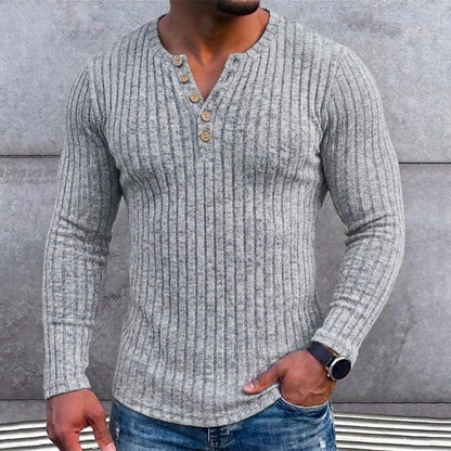 Ribbed Henley Long Sleeve T-Shirt