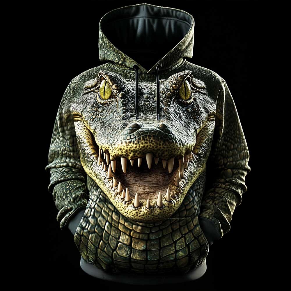 Men's Realistic Crocodile Print Long Sleeve Streetwear Pullover Hoodie