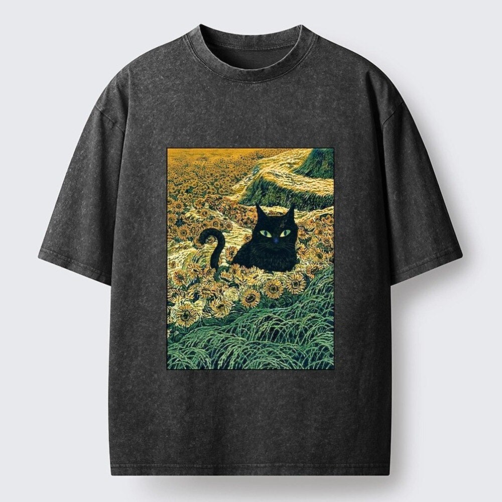 Japanese Style Sunflower Cat Washed T-Shirt