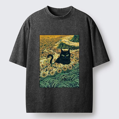 Japanese Style Sunflower Cat Washed T-Shirt