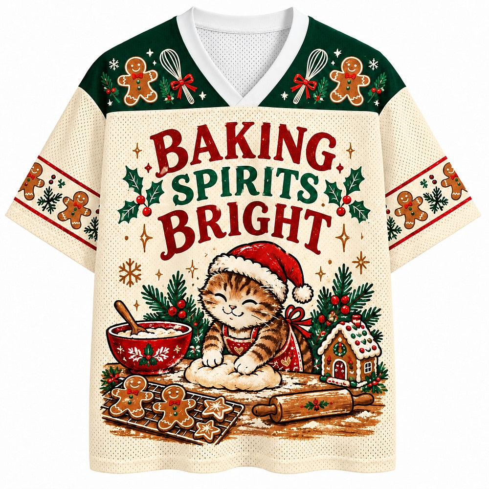 Baking Spirits Bright Christmas Cat V-Neck Mesh Jersey