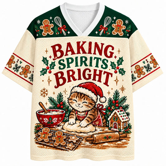 Baking Spirits Bright Christmas Cat V-Neck Mesh Jersey