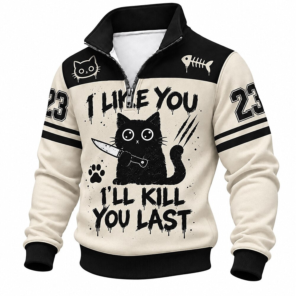 Men's Cat Text Number Half-Zip Sweatshirt Black & White
