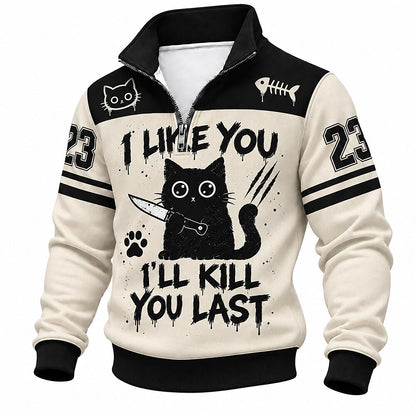 Men's Cat Text Number Half-Zip Sweatshirt Black & White