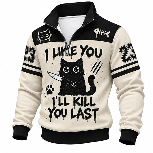 Men's Cat Text Number Half-Zip Sweatshirt Black & White