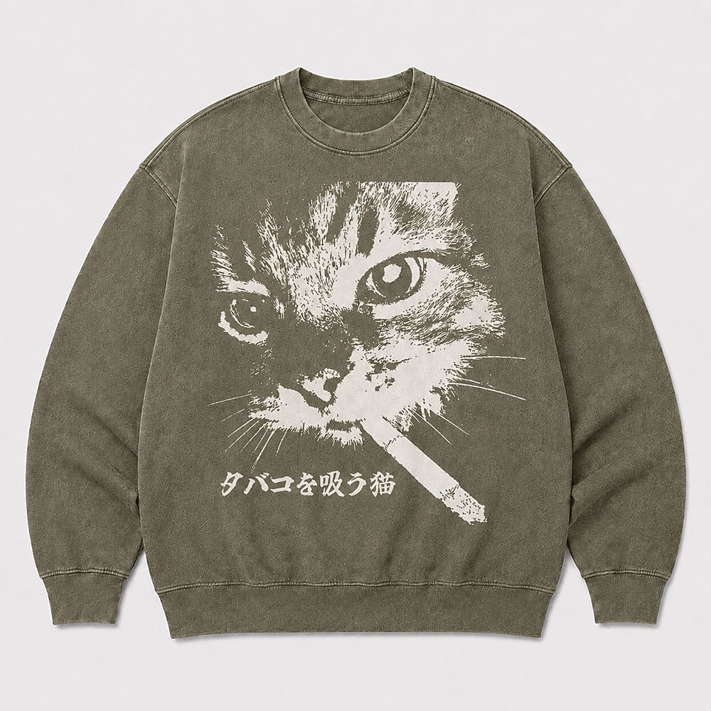 Men's Black Cat Graphic Washed Crew Neck Sweatshirt