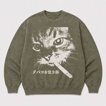 Men's Black Cat Graphic Washed Crew Neck Sweatshirt