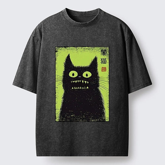 Japanese Style Creepy Cat Kanji Washed T-Shirt