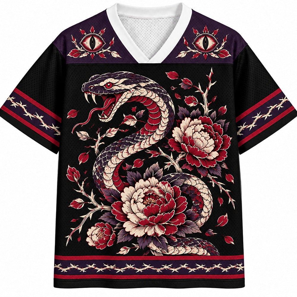 Crimson Serpent and Peonies V-Neck Mesh Jersey
