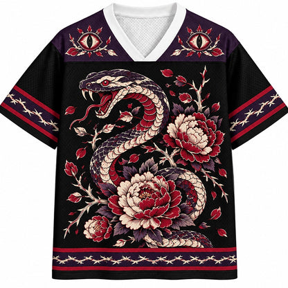 Crimson Serpent and Peonies V-Neck Mesh Jersey