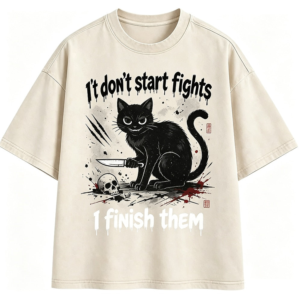 I Don't Start Fights Knife Cat Washed T-Shirt